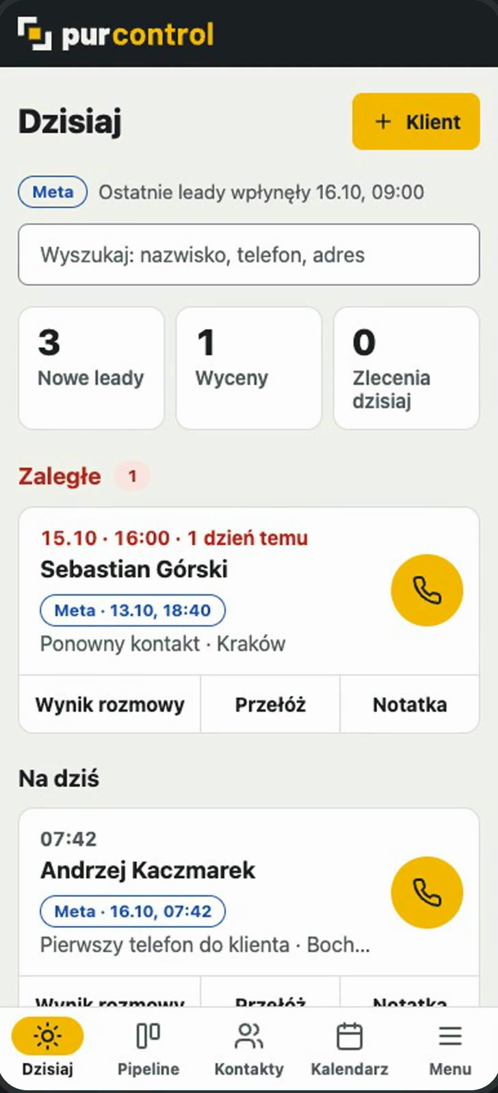 Ekran Dzisiaj: 3 nowe leady, 1 wycena, zaległe i dzisiejsze telefony do klientów.
