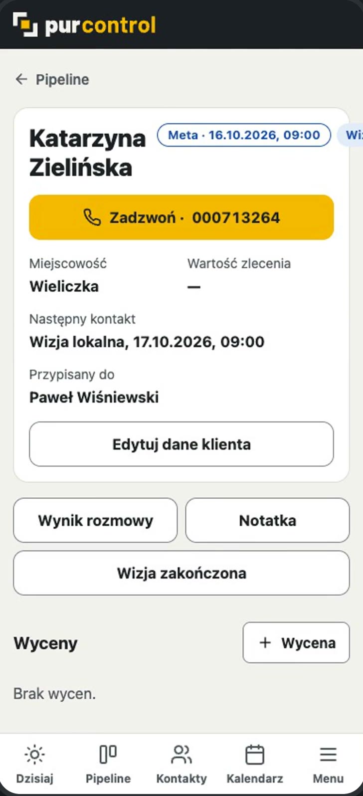Karta leada z Meta: Katarzyna Zielińska, przycisk Zadzwoń, wizja lokalna 17.10.