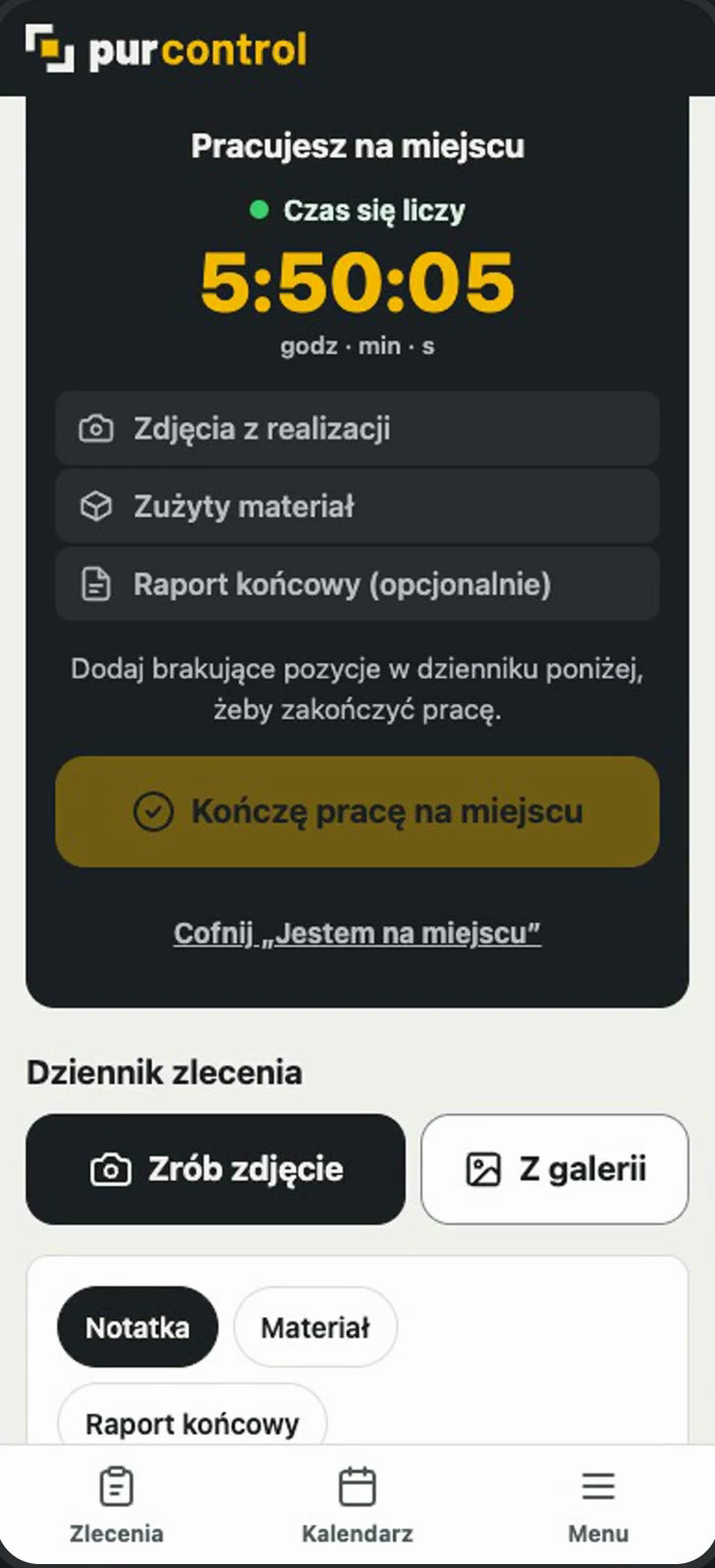 Ekran pracy na miejscu z licznikiem czasu 5:50:05.