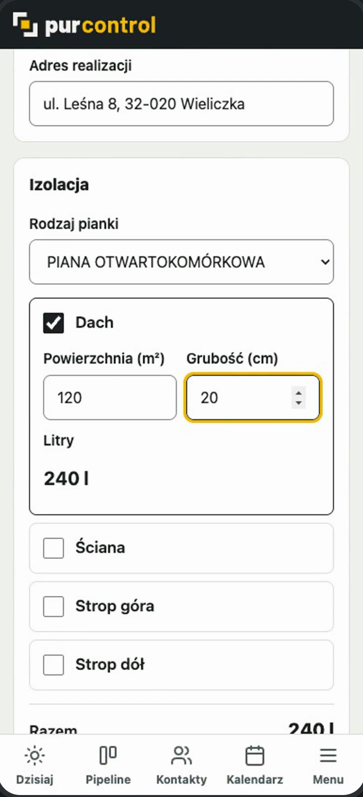 Formularz wyceny: dach 120 m², 20 cm, razem 240 litrów.